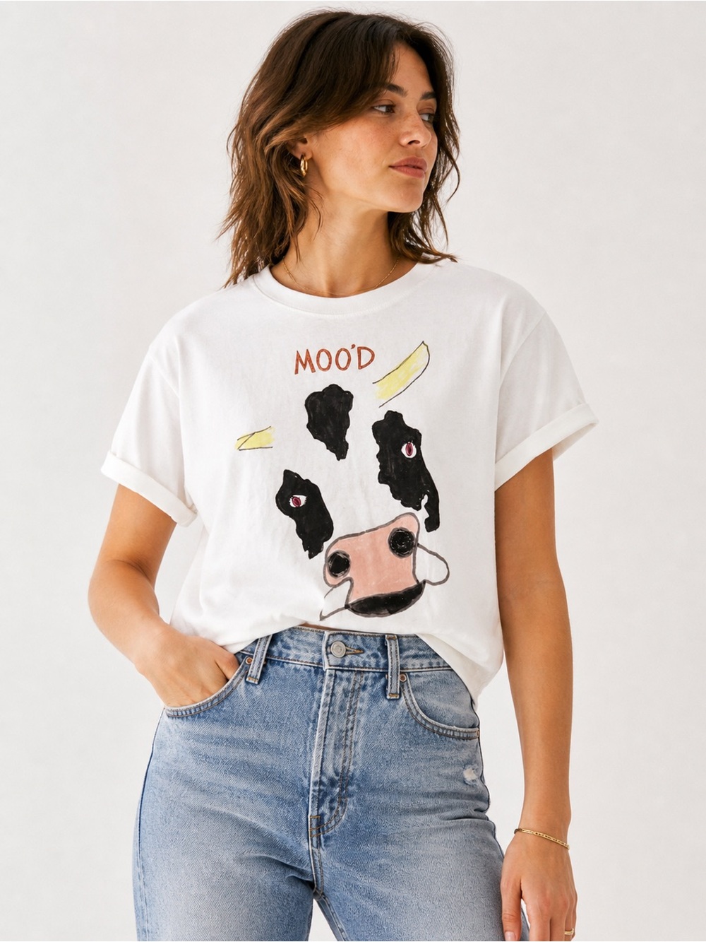 Women's White 'Mood' Cow Graphic Tee